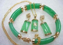 Fine 2 row green jade bracelet blessing pendant & earrings set free shipping - £19.65 GBP