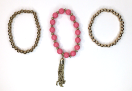 Lot of 3 Stretch Beaded Bracelets Pink &amp; Gold Tone Beads w/ Tassel &amp; Gold Tone - £9.59 GBP