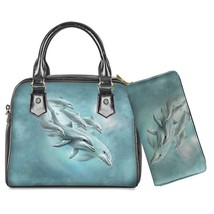 Twoheartsgirl PU Leather Shoulder Handbag Purse 2Pcs/Set Blue Dolphin Print Cros - £62.34 GBP