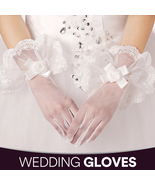 Sheer Tulle Bridal Gloves with Satin Bow – Classic Short Lace Gloves - $28.88