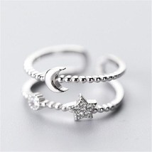 Korean Style Temperament Women Double-Deck Silver Color Open Ring Star Moon Crys - £7.23 GBP
