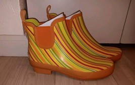 LL Bean Wellie Pull On Chelsie Rain Boots Ladies Sz.8 Orange Stripes New - £29.19 GBP