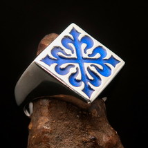 Diamond shaped Men&#39;s Fleur de Lis Ring Blue Lily Cross - Sterling Silver - £58.31 GBP