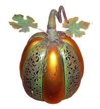 Home Decor Ceramic Pierced Metal Pumpkin Luminary W Flameless Candle - $34.65