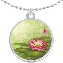 Pink Lotus Flower Round Pendant Necklace Beautiful Fashion Jewelry - £8.60 GBP
