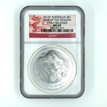 2012 Australia Silver Dollar Year of the Dragon Proof Grade by NGC as MS 69 - $138.53