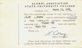 Cortland Ny~Alumni Asso State University COLLEGE-MAGAZINE Renewal Postcard 1968 - £4.57 GBP