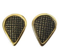 Vintage Gold Textured Earrings Upside Down Teardrop Clip On Black Basket weave - £11.73 GBP