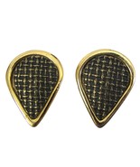 Vintage Gold Textured Earrings Upside Down Teardrop Clip On Black Basket... - £11.89 GBP