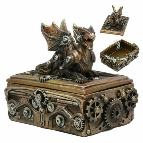 Bronzed Steampunk Cyborg Dragon Jewelry Box Figurine 9.5&quot;L Robotic Serpe... - $26.99