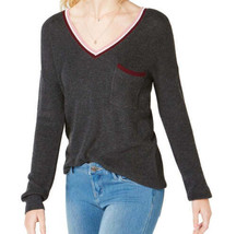 Hippie Rose Juniors Stripe Trimmed V Neck Sweater,Heather Charcoal Combo,Large - £26.74 GBP