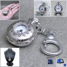 Silver Color Pocket Watch Vintage Pendant Watch with Key Ring and Neckla... - £15.35 GBP