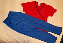 Scrub Set Sb Scrubs Red Black Top Landau Blue Pants Small Womens S Uniform Shirt - £22.14 GBP