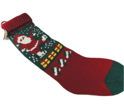 Holiday Christmas Knit Hanging Stocking 26 In Red Green Santa Pom Pom - £27.88 GBP