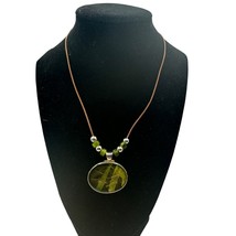 Vtg KC Kenneth Cole Enamel Green Pendant Necklace Glitter Silver Tone Adjustable - $21.77