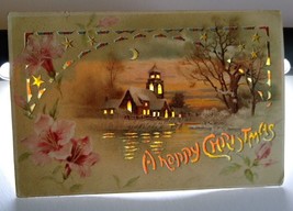 Hold To Light Postcard Happy Christmas Village Church Stars Crescent Moo... - $33.25