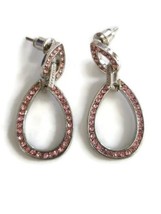 Silver Tone Teardrop Shaped Hanging Double Hoop Pink Rhinestone Dangle Earrings - £14.38 GBP