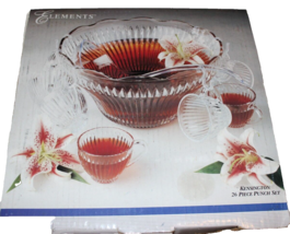 Crystal Elements Kensington 26 Piece 6 Qt Punch Bowl 12 Cups, 12 Hooks, Ladle - £19.98 GBP