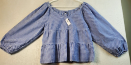 Old Navy Blouse Top Womens Medium Blue White Check Cotton Long Sleeve Boat Neck - £11.88 GBP