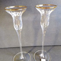 Pair Mikasa Lead Crystal Candle Holders 10&#39;&#39; Made in Slovenia Gold Trim Fluted - £30.29 GBP