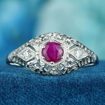 Natural Ruby and Diamond Vintage Style Filigree  Ring in Solid 9K White Gold - £558.26 GBP