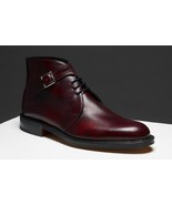 Men Burgundy Chukka Monk Single Buckle Strap Genuine Leather Ankle Boots... - £122.86 GBP