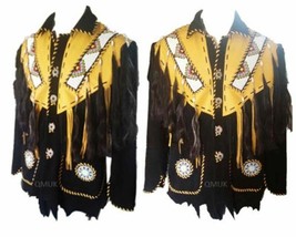 Two Tone Yellow Black Western Bone Beaded Patches Suede Leather Fringed Jacket - £140.99 GBP