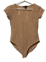 Forever 21 Shirt Womens MEDIUM Tan Bodysuit Mesh Short Sleeve V Neck Ope... - £10.05 GBP