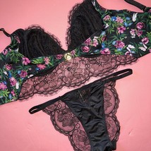 Victoria&#39;s Secret Longline 32DD S-DD Bra Set Panty Black Lace Green Pink Floral - £54.50 GBP