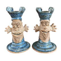Handmade Pair of Mid Century Funny Face 5.5&quot; Tall Candlesticks Vintage - £58.14 GBP
