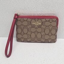 Coach Signature Corner Zip Wristlet Khaki Strawberry Wallet F58033 - $34.55