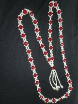 Red Beads &amp; White Faux Seed Pearls Necklace w Tassel 1 Strand Crocheted 20 1/2&quot; - £18.09 GBP