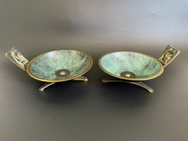Vintage Pair Taya Israel Brass Verdigris Enamel Handled Bowl Dish Incense Holder - £31.17 GBP