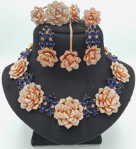 Bollywood Style Indian Rose Gold Plated Blue Sapphire Necklace CZ Jewelry Set - £113.90 GBP