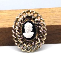 Vintage Black and White Cameo Brooch, Elegant Victorian Style in Gold Tone - $31.93