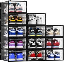 12 Pack Shoe Storage Bins, Clear Plastic Stackable Shoe Organizer, Black... - $25.99