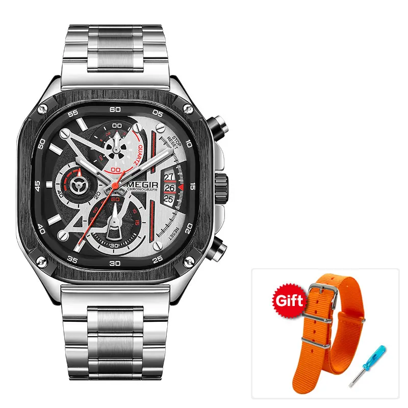 MEGIR Black Watch Men Waterproof Square Dial Wristwatch with  Stainless Steel St - $65.92