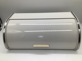 VINTAGE White Metal Bread Box Chrome Trim Roll-Top Mid Century Kitchen 1... - $650.51 MXN