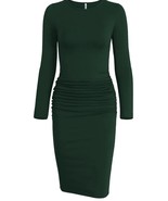 Missufe Long Sleeve Ruched Casual Midi Bodycon Sheath Dress Dark Green S... - $460.16 MXN