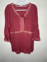 Denim &amp; Co. Crinkle Gauze Tunic with Crochet Trim Dark Rose Shirt Size Large - £19.31 GBP