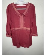 Denim &amp; Co. Crinkle Gauze Tunic with Crochet Trim Dark Rose Shirt Size L... - $34.29 CAD
