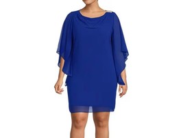 Marina Womens Shift Dress Blue Knee Length Drape Neck 3/4 Sleeve Chiffon 4 New - £104.37 GBP