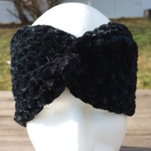 Women&#39;s Handmade Headband Circlet Bandeau Crochet Twisted Black Chenille Velvet - £11.79 GBP