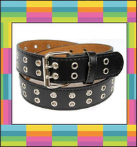 Leather Belt Two 2 Double Row with Silver Grommet Holes &amp; Buckle Black B... - £5.55 GBP+