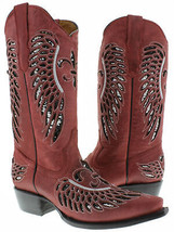 Womens Western Wear Boots Red Leather Silver Sequins Inlay Wings Snip Toe - £65.08 GBP