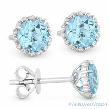 1.16ct Round Cut Blue Topaz &amp; Diamond Pave Halo Stud Earrings in 14k White Gold - £255.47 GBP