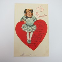 Postcard Valentine Greeting Blonde Girl Blue Dress Red Heart Embossed Antique - £7.97 GBP