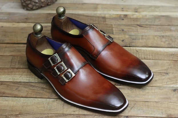 Men's Handmade Leather Shoes Two Tone Tan Brown Leather Triple Monk Strap Dress