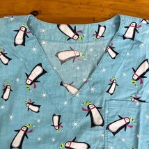 Handmade Womens Scrub Top Penguins Blue Winter Novelty Fabric Large V-Neck - $14.84