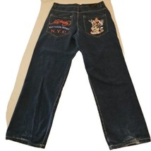 Y2K Ed Hardy Baggy Jeans 36x33 Embroidered Snake Skull Dagger Meatpacking Distri - £116.34 GBP